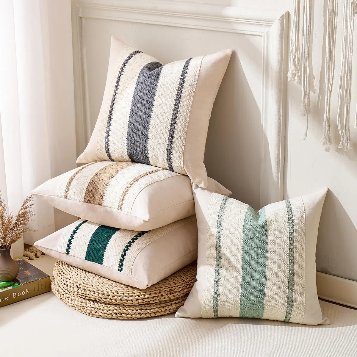 Set di 2 Boho Federe de Cuscini per Divano 40x40 Verde Salvia Moderno Fodere Cuscini Cotone e lino Macramè Cuscino Decorativo Quadrate Fodera per Cuscino per Divano Soggiorno Giardino