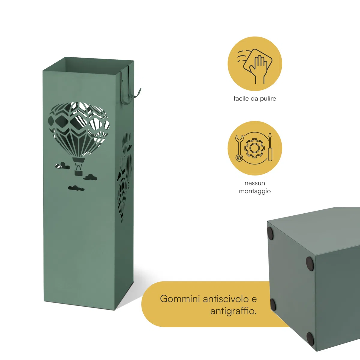 Baroni Home Portaombrelli Design Moderno Porta Ombrelli in Metallo con Mongolfiere 2 Gancini e Vaschetta Scolapioggia Rimovibile 16x16x49 cm Verde