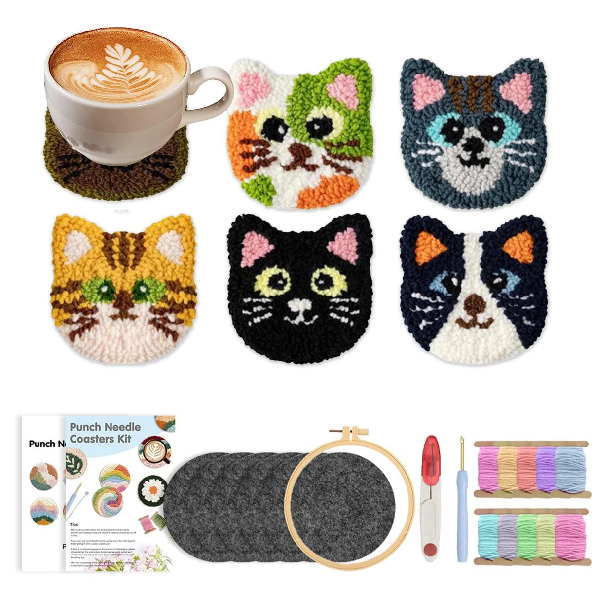 Sottobicchiere ad ago | Kit tufting per adulti con arte punch ad ago | Forniture artigianali ad anello in filo portatile per donne ragazze tappeto tuften officina