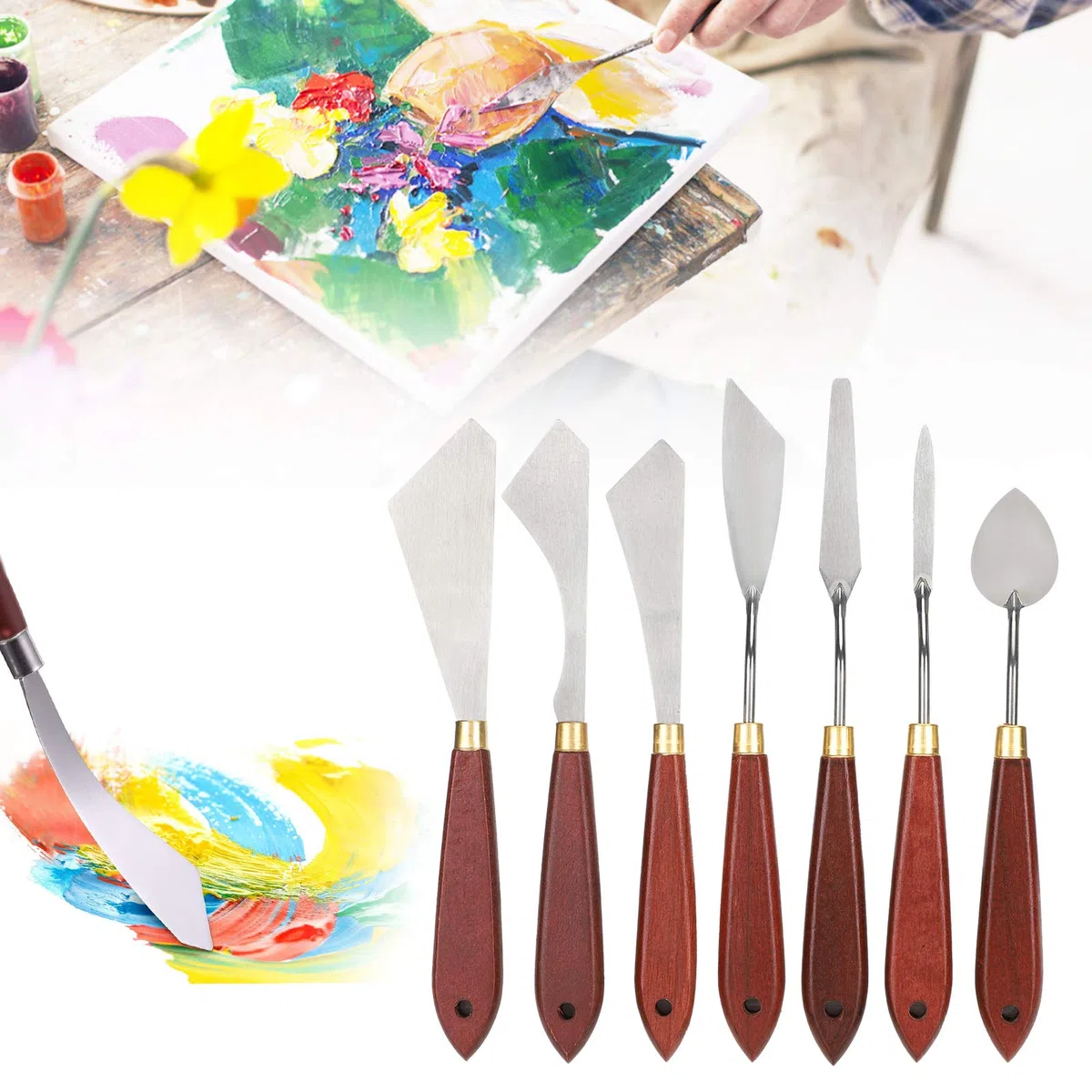 Fyearfly 7 Pezzi Acciaio Inox Spatole per Pittura, Coltelli Pittura, Spatole per Pittura ad Olio, Pittura Raschietto, Strumenti Miscelazione per Olio, Acrilico, Artisti