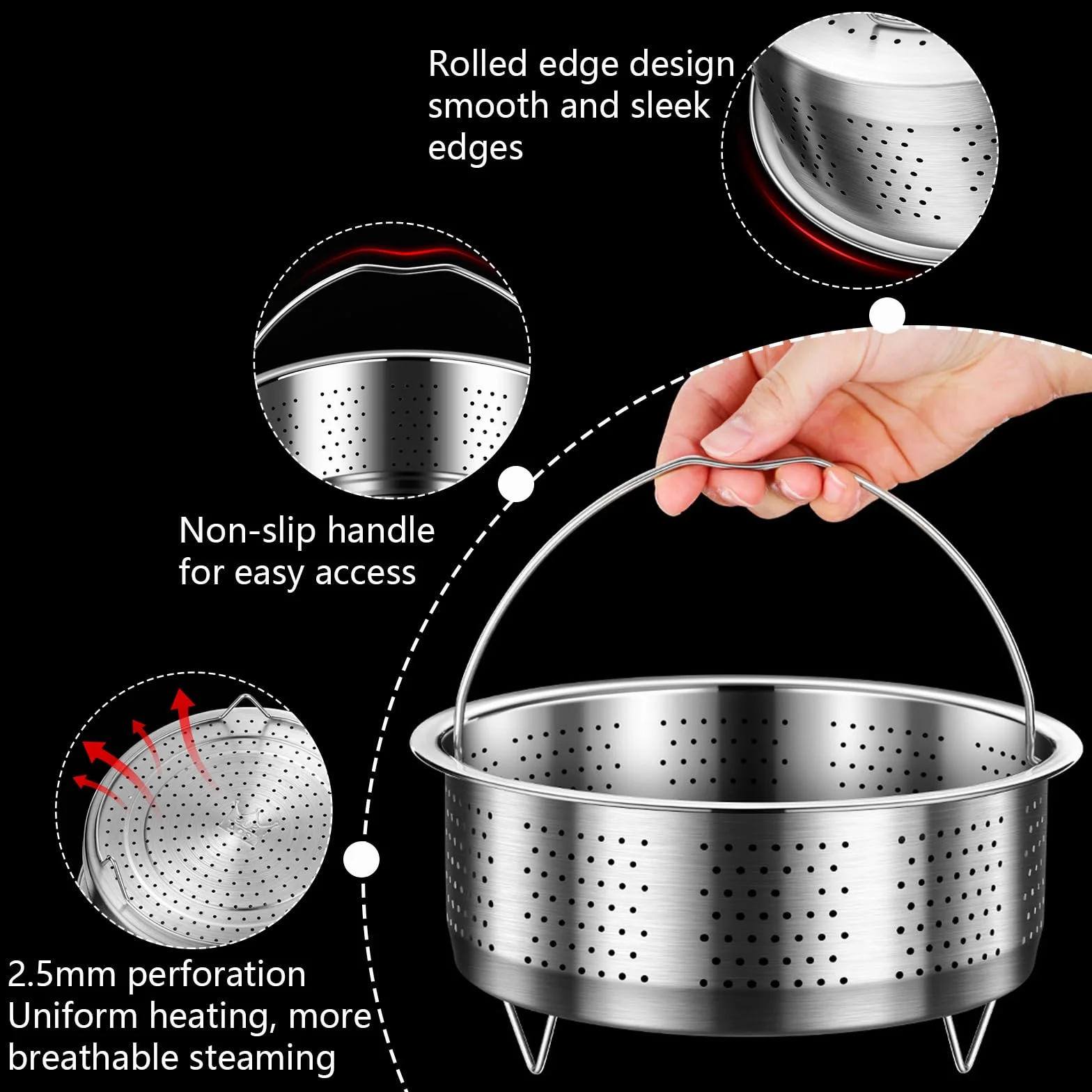 Inserto per cestello a vapore, in acciaio inox, per pentole, inserto a vapore, pentola con manico, per stufare verdure, frutta e uova (rotondo 20 cm)