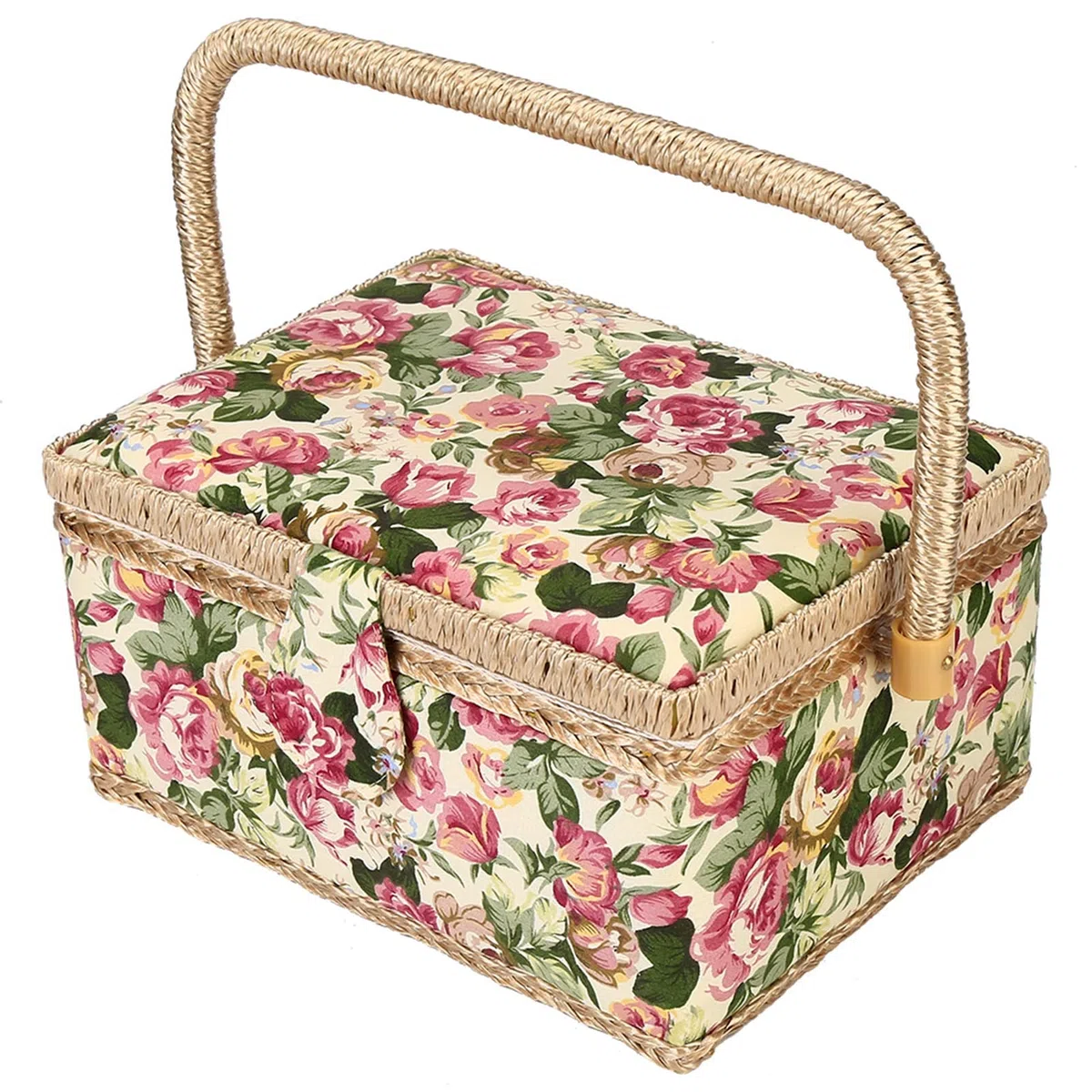 Respicefinem Cestino Organizzatore per Cucito Pastorale Rosa 3-Colore Design Doppio Strato Legno Poliestere Comoda Maniglia 25×18×12.5 cm