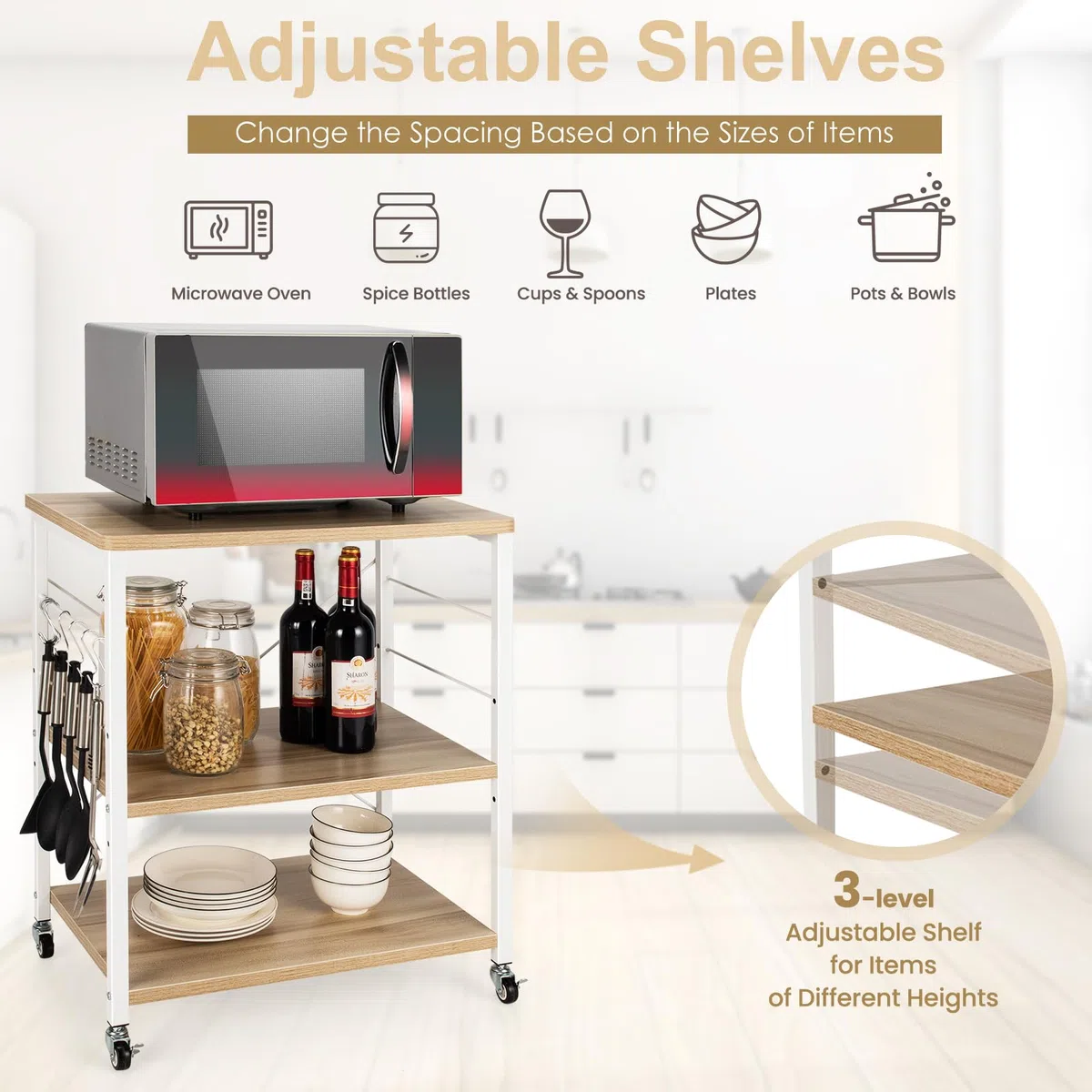 HOMASIS Carrello Porta Stampante a 3 Livelli in Legno, Carrellino con Ruote Portatutto con 10 Ganci, Struttura a X, Ripiani Regolabili 2 Ruote con Freni, Scaffale Multiuso per Ufficio (Beige)