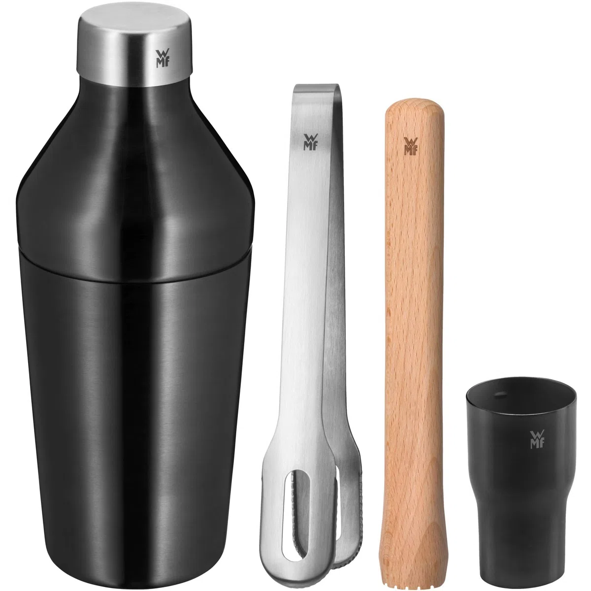 WMF Baric - Set da cocktail da 4 pezzi, barista con shaker da cocktail in acciaio inox, misurino, pinza per ghiaccio, pestello in legno, riponibile, confezione regalo