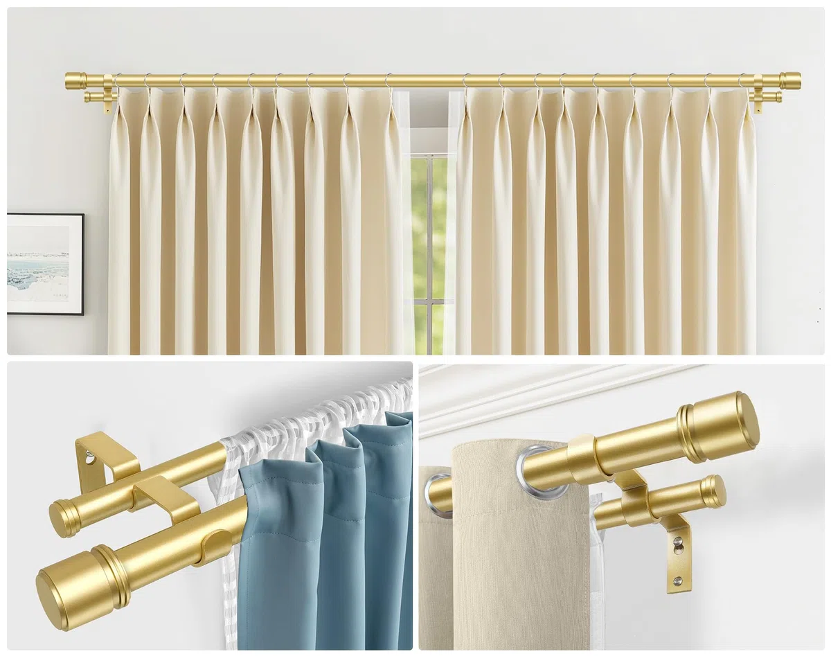 HOTOZON Oro Bastone da Tenda Doppio 90-182 cm, 25 mm Estensibile Bastone Tenda Doppio Montado en la 9ared con Remates de Tapa Para Ventanas