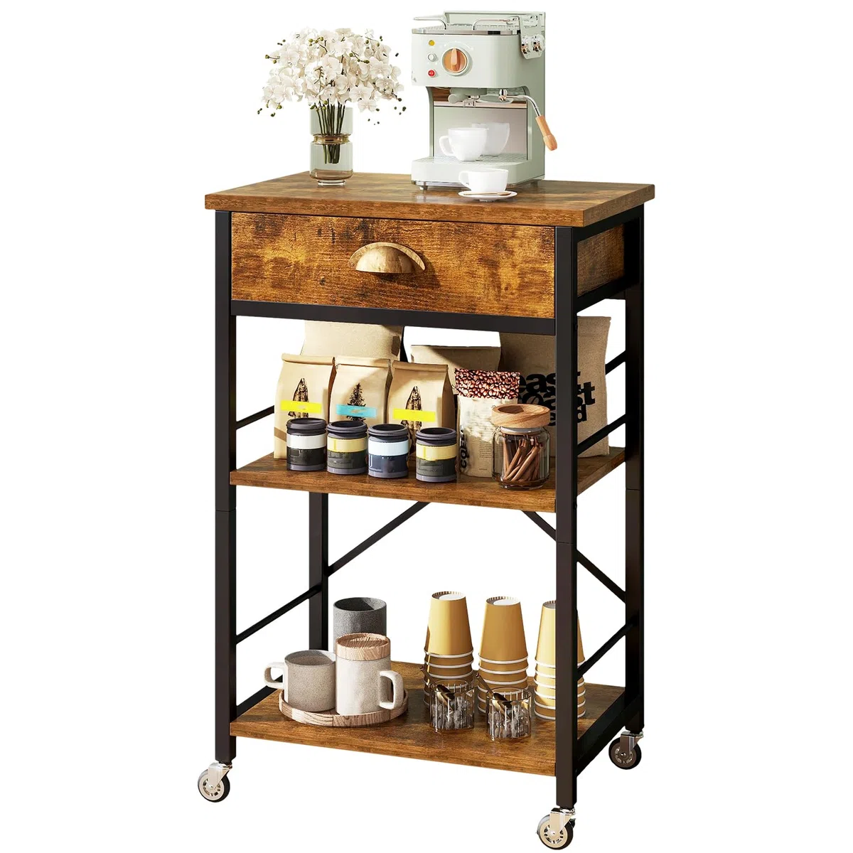 IBUYKE Scaffale da forno per cucina con cassetti, supporto per forno a microonde a 3 livelli con contenitore, tavolo da bar per caffè con ruote, ripiano regolabile, montaggio semplice, marrone rustico