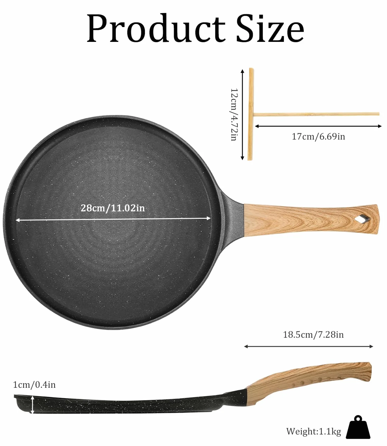 Padella crepes antiaderente nera 28 cm con rivestimento antiaderente in granito svizzero, manico in bachelite, compatibile EMC, senza PFOA