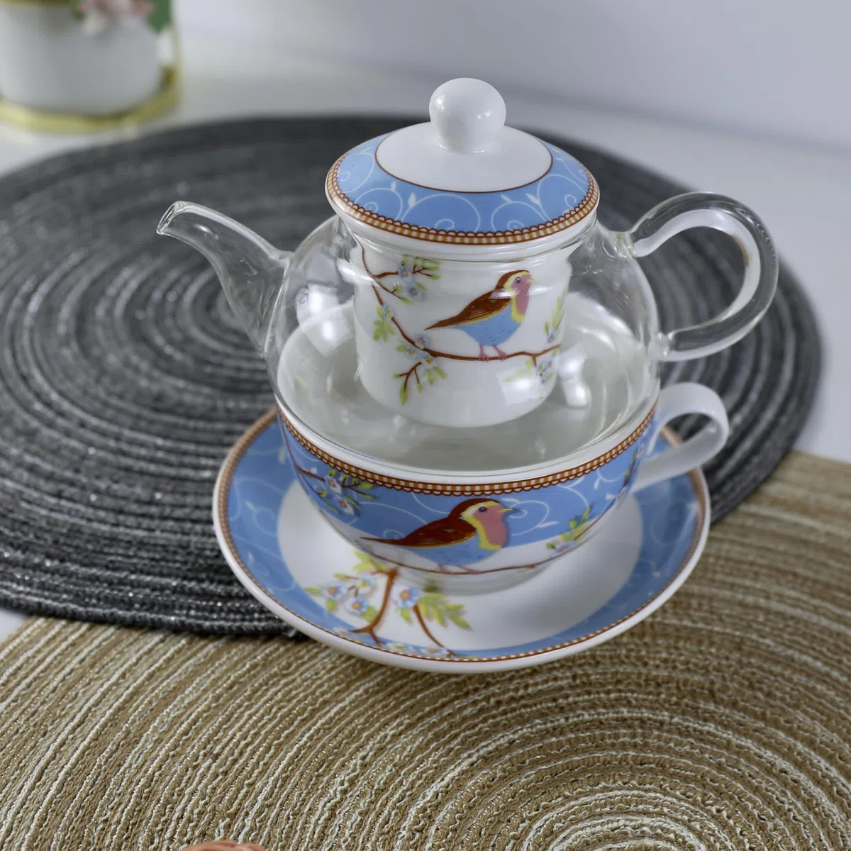 YBK Tech Teiera in Vetro con Filtro in Porcellana, Set di Tazza e Piatto con Motivo Uccelli Felici, Teiera e Tazza per 1 Persona (Blu)
