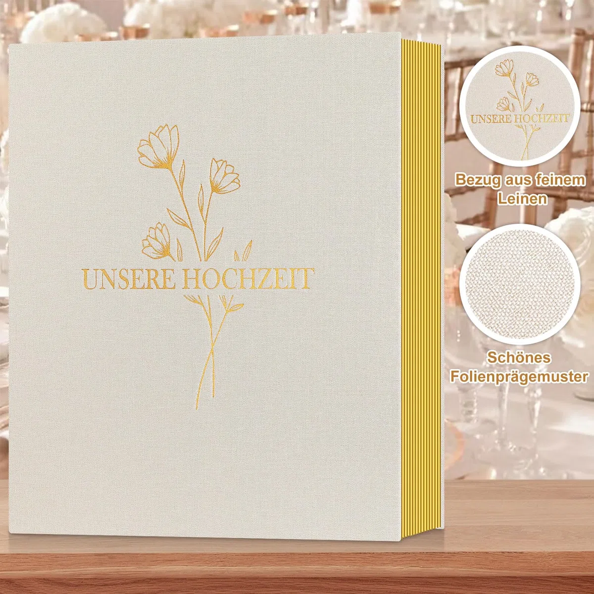 Lanpn Album fotografico autoadesivo per matrimonio, in lino, grandi pagine bianche, per matrimonio, fai da te, con penna, 10 x 15, 13 x 18 foto (grandi, 40 fogli/80 pagine, beige)