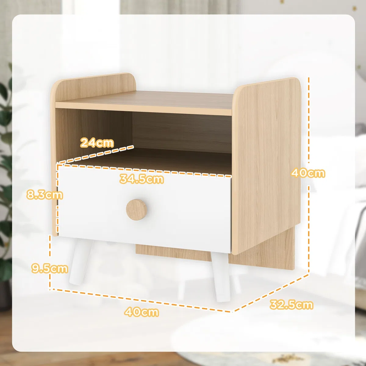 AIYAPLAY Comodino con Cassetto per Bambini 3-10 Anni dal Design Minimal, Comodino per Camera da Letto in MDF e Legno di Pino, 40x32.5x40 cm, Bianco e Legno Naturale