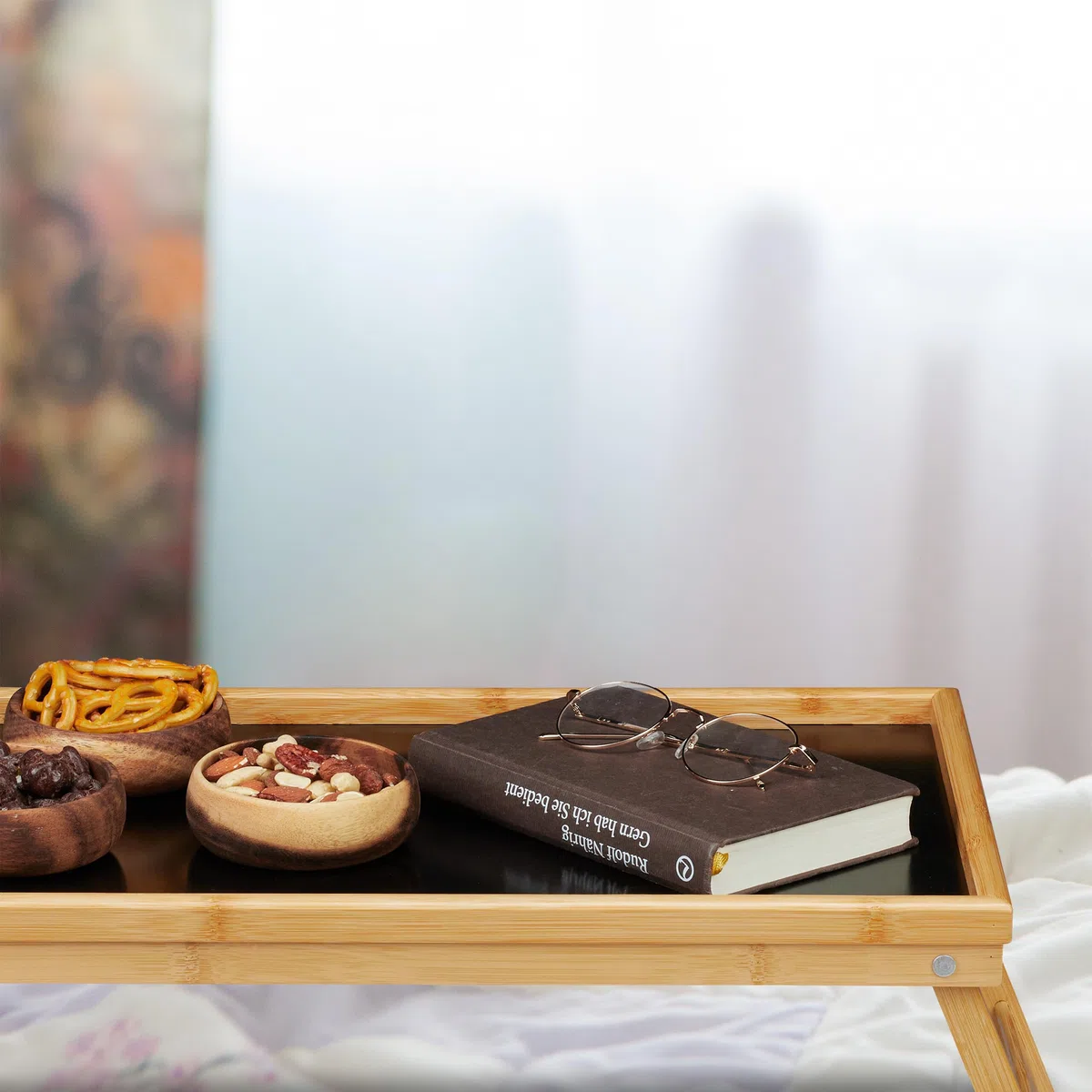 Relaxdays Vassoio Colazione a Letto, Tavolino bambù, Gambe Richiudibili Bordo Rialzato 23 x 61,5 x 31 cm, Marrone Nero