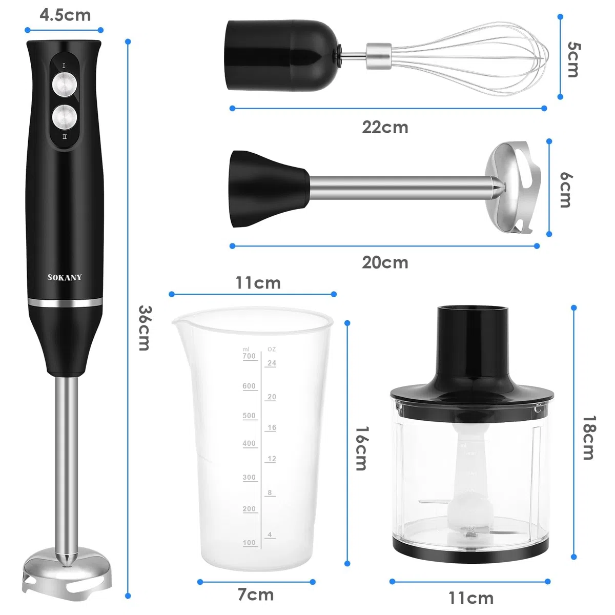 Mixer Immersione 4-In-1, 500 W Frullatore Tritatutto Multifunzione, 2 Velocità, con Frusta e Tritatutto da 500 ml e Misurino da 700 ml per Frullati, Zuppe, Salse, Yogurt, Alimenti Bambini