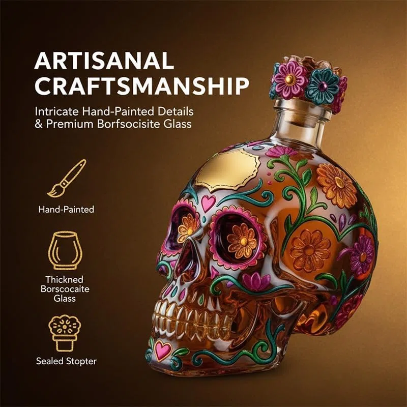 Bottiglia decanter a forma di teschio gotico 2026, decorativa in edizione limitata, dipinta in vetro dipinto, per liquori, decanter vuoto per whisky, creativo con design floreale per feste di