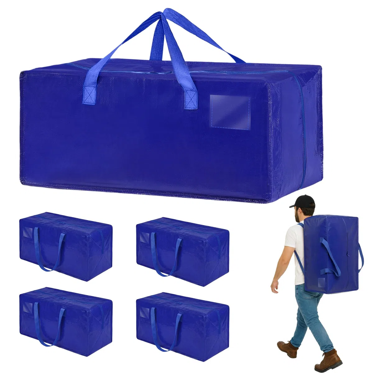 Set da 4 Borse da trasloco extra large, Scatole trasloco con cinghie per zaino, zip e manici resistenti, Borsa Portaoggetti Grande in Poliestere, impermeabili Borsa di stoccaggi per piumoni, vestiti