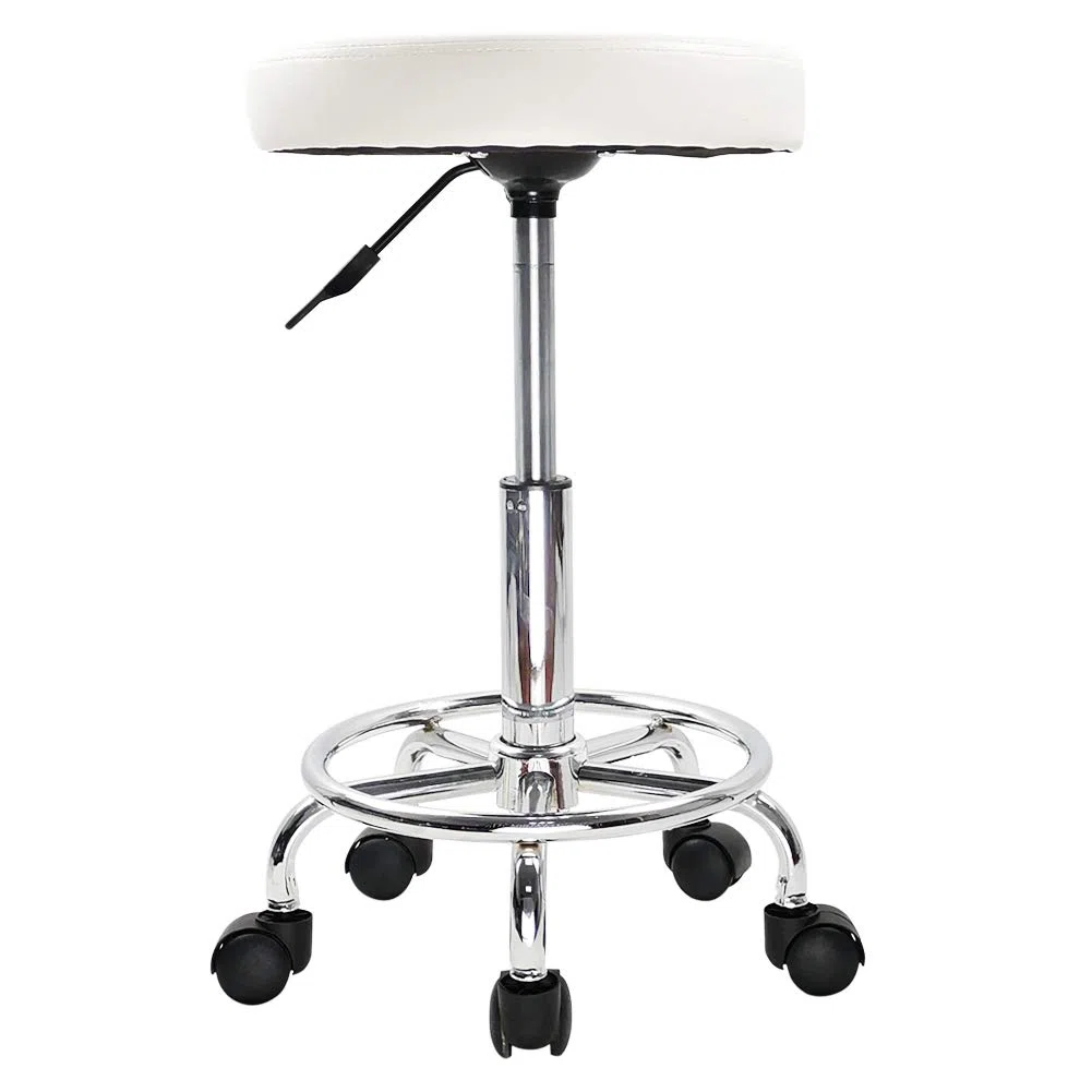 KKTONER Sgabello rotondo in pelle PU con poggiapiedi Regolazione dell'altezza della parte girevole Spa Salone di disegno Tattoo Workshop Massaggi Sgabelli Sedia operativa Bianco