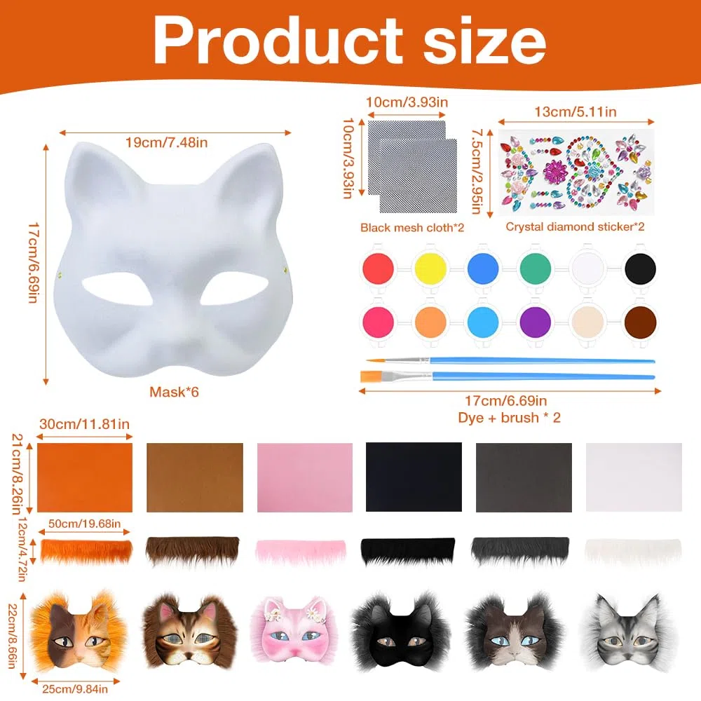 Maschera Gatto, 6 Pezzi Therian Mask, Maschere Dipinte a Mano, Maschera da Gatto Bianca, Mascherina di Carta Bianca di DIY per DIY Cosplay Feste Maschera Carnevale Halloween