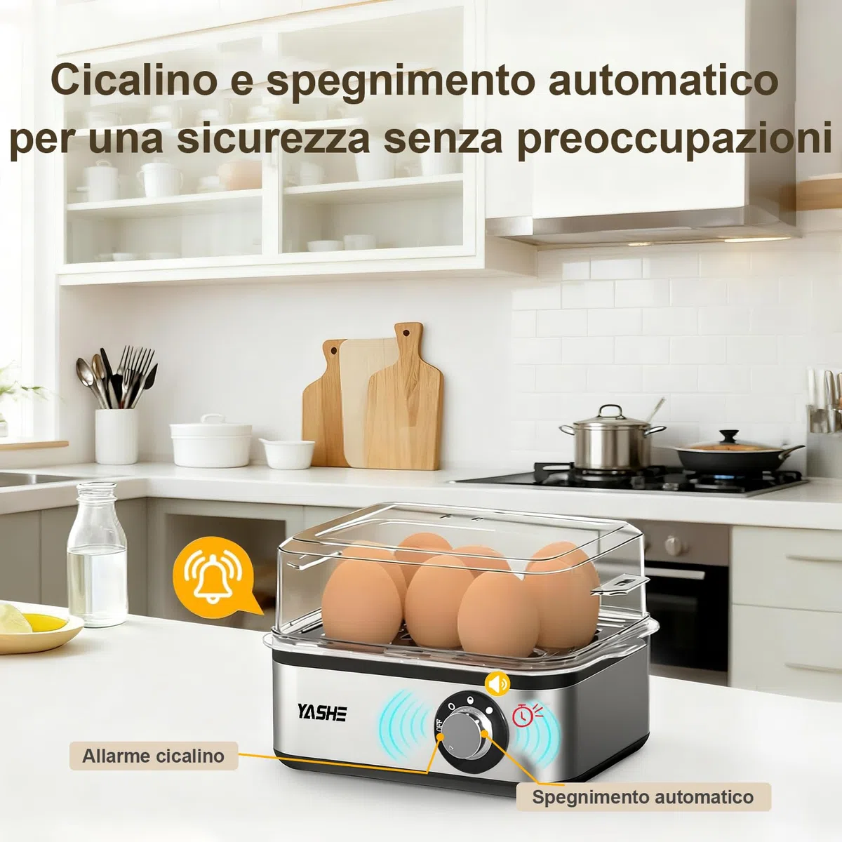YASHE Cuociuova elettrico in acciaio inox per 8 uova sode, medie e alla coque, in camicia con spegnimento automatico e cicalino, include ciotola per frittata e misurino, senza BPA