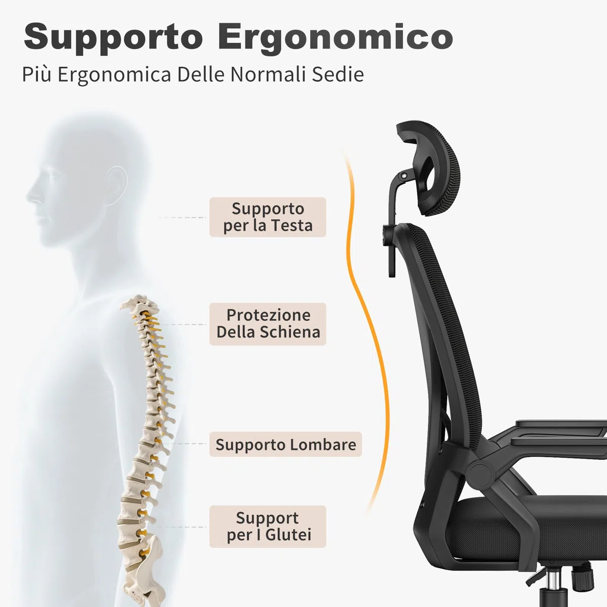 naspaluro Sedia da Ufficio,Con Braccioli Ribaltabili a 90°,Sedie Scrivania Ergonomica Lombare, Con Poggiatesta, Rivestimento in Rete Traspirante, Sedia Girevole a 360° Con Funzione Swing,Nero