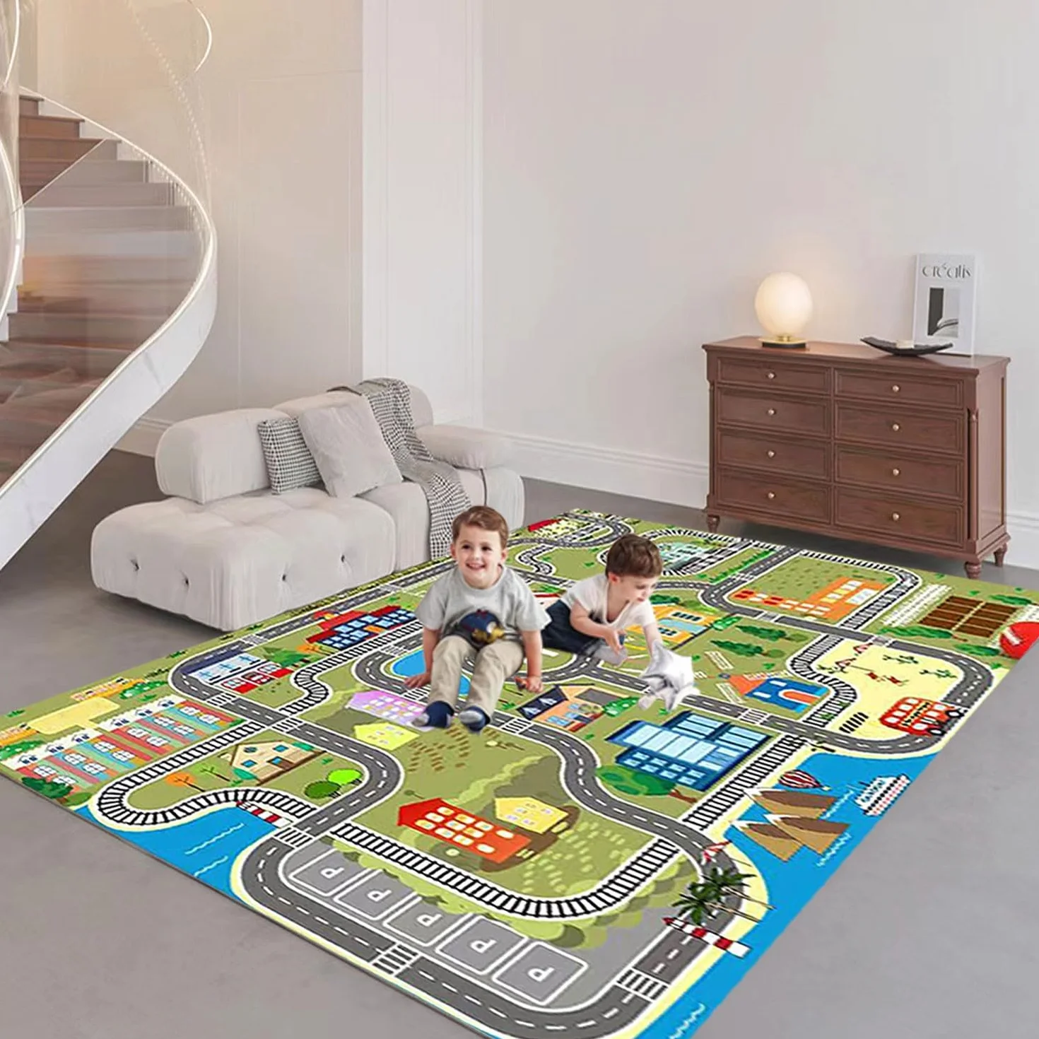 Tappeto Macchinine per Bambini, Gioco per la Camera, Con Strade, per Ragazze e Ragazzi, Antiscivolo e Lavabile (B,120X180CM)