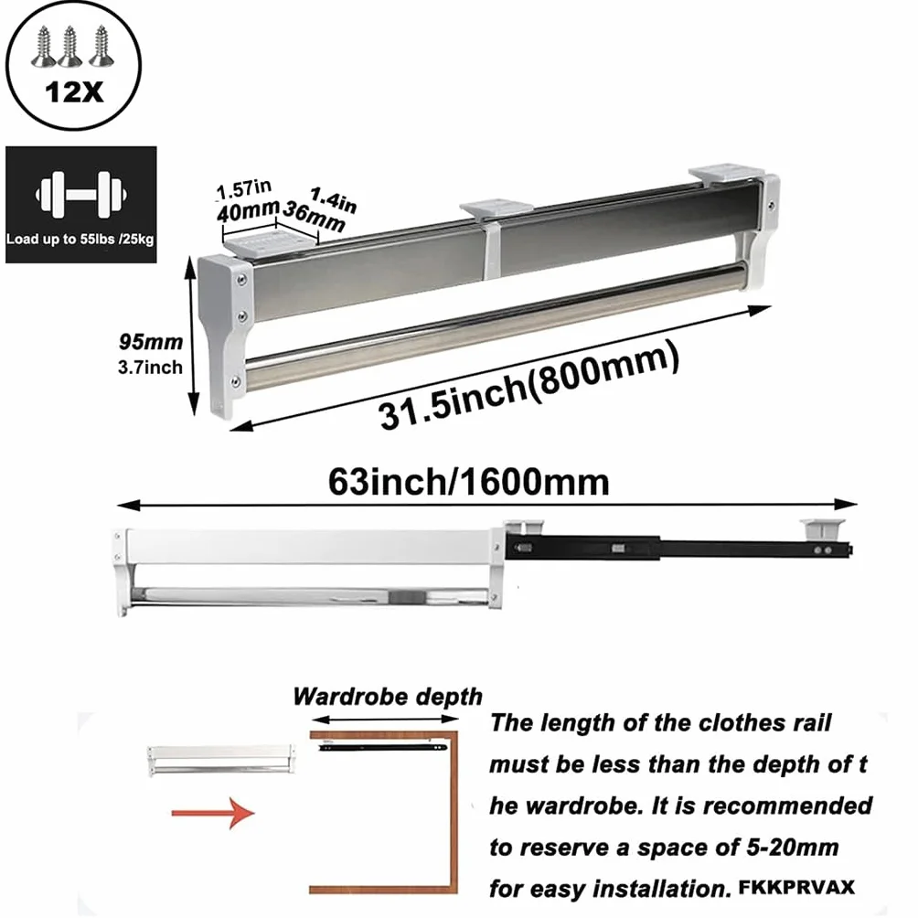 Asta appendiabiti estensibile con 2 binari di scorrimento, asta estraibile per armadio regolabile da 30 a 80 cm, asta appendiabiti, portante 25kg (Size : 800mm)