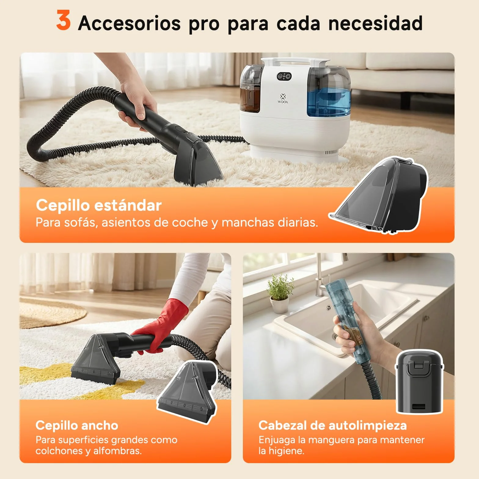 WOOX Lavatappeti e Divani Lava e Asciuga, Lavatappezzeria a Vapore e Espira 15Kpa ad alta potenza con accessori esclusivi Pulitore a vapore 2 in 1 per tessuti, auto, macchie, casa