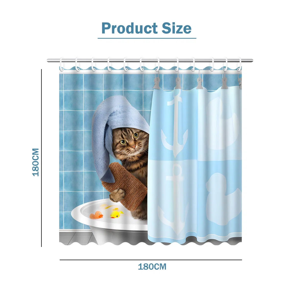 Tenda da doccia con gatto, 180 x 180 cm, impermeabile, antimuffa, con 12 ganci per doccia, blu, divertente, per vasca da bagno, doccia, per bambini, lavabile, in poliestere, per vasca da bagno