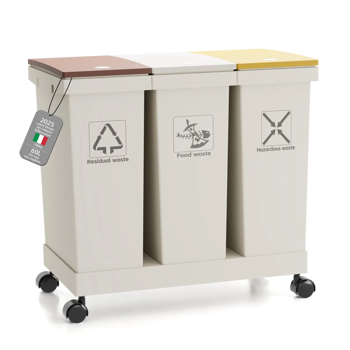Set 3 Bidoni Differenziati, Pattumiere, 3 contenitori con coperchio, 3 x 20 l, contenitori per il riciclaggio rimovibili con ruote, sistema di raccolta differenziata (60-150)