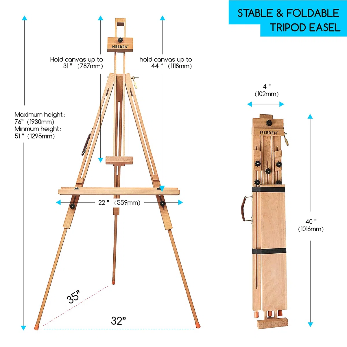 Meeden, cavalletto a treppiede per pittura, universale, regolabile, portatile, in legno di faggio, perfetto per pittori, studenti e artisti di paesaggio, può contenere tele fino a 111,8 cm