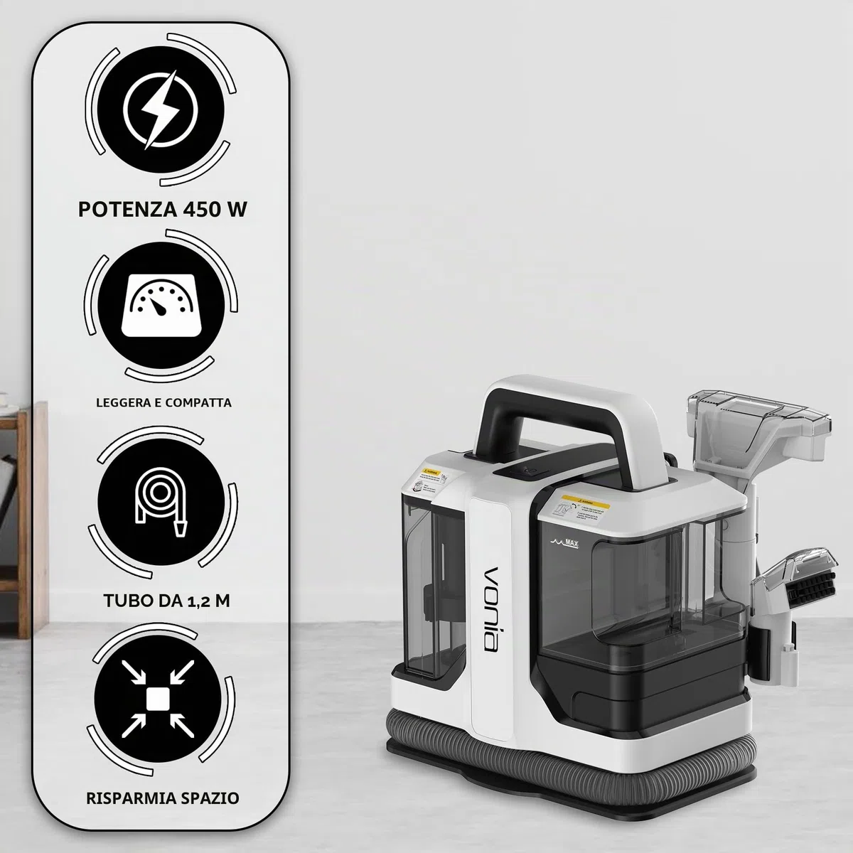Vonia Pulitore portatile per tappeti – 450W Pulitore per tappezzeria e macchie | Smacchiatore portatile per divani, tappeti, sedili auto, materassi e tessuti (Bianco)