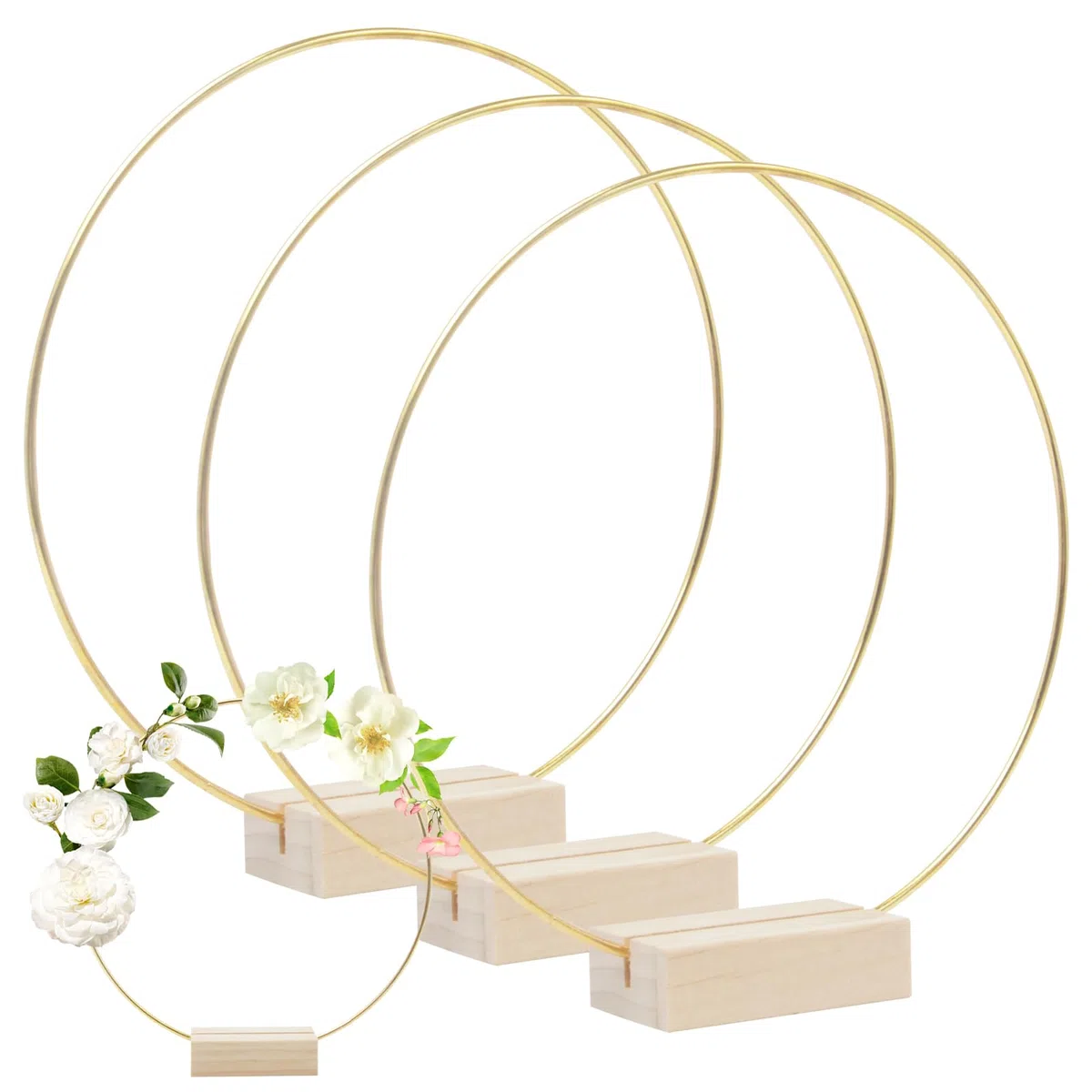 Pilikoll 3pcs 20cm Dorati Centrotavola a Cerchio Floreale in Metallo con Base in Legno Cerchio Metallo con Base in Legno Cerchi floreali Oro Anelli metallo floreales per Bricolage DIY, Macrame