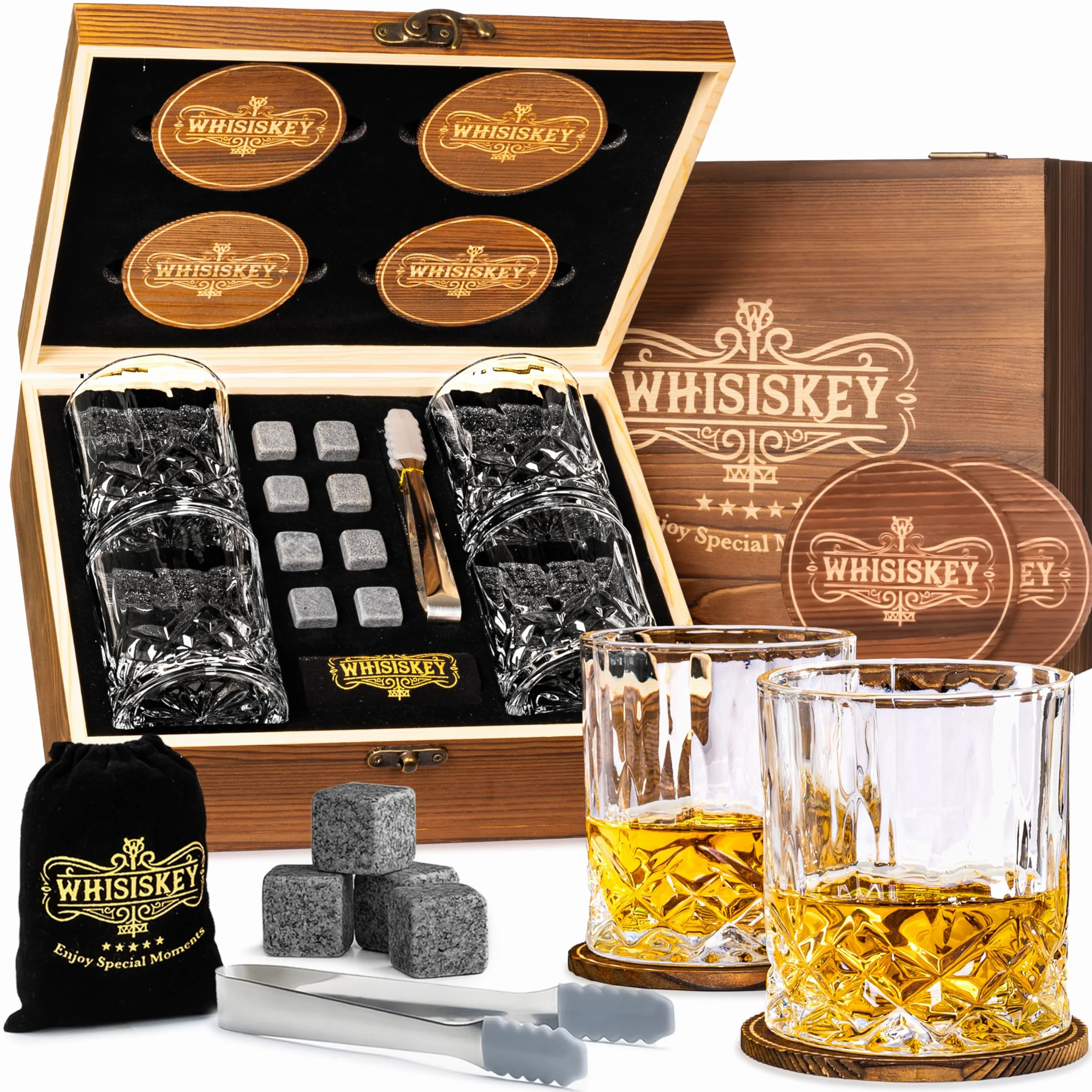 Whisiskey Set Bicchieri da Whisky - Set Whisky Regalo - Idee Regalo Uomo Compleanno - Scatola Regalo, 4 Bicchieri da Whisky x 310ML, 8 Cubetti di Ghiaccio Riutilizzabili, Accessori