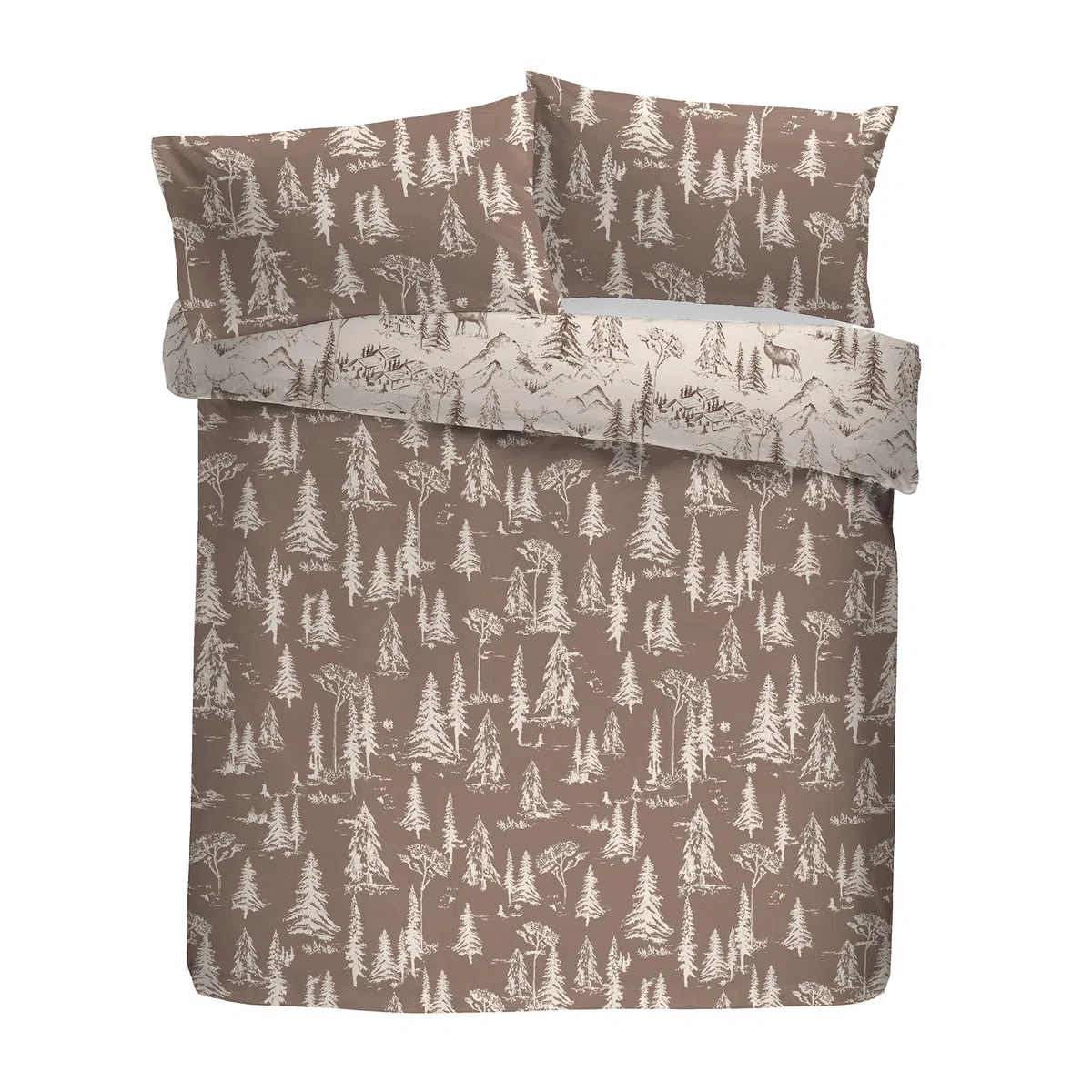 Dreams & Drapes Lodge Alpine - Set copripiumino con cervo, 100% cotone spazzolato, per letto singolo, 140 x 200 cm, naturale, con stampa di Mountain Lodge disegnato a mano