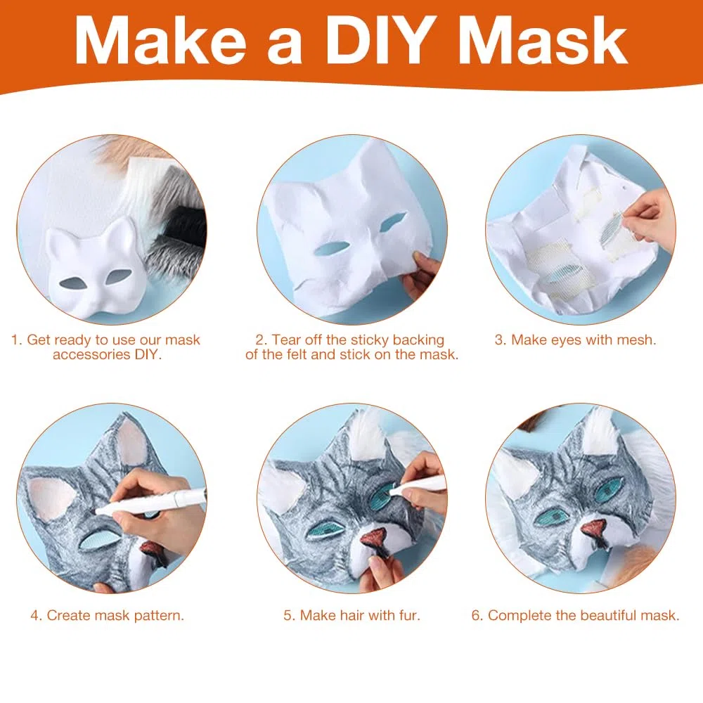 Maschera Gatto, 6 Pezzi Therian Mask, Maschere Dipinte a Mano, Maschera da Gatto Bianca, Mascherina di Carta Bianca di DIY per DIY Cosplay Feste Maschera Carnevale Halloween