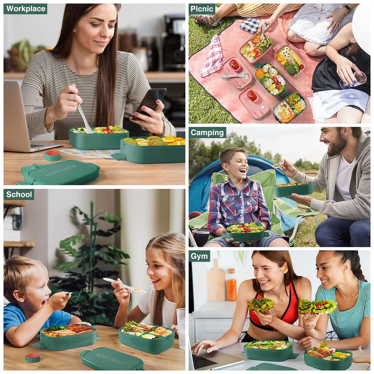 Bento Lunch Box Impilabile,Contenitori da 1400 ml con 4 scomparti e posate, scatole a 2 strati a prova di perdite, per adulti, bambini, ufficio, lavabili in lavastoviglie e microonde (Verde Puro)