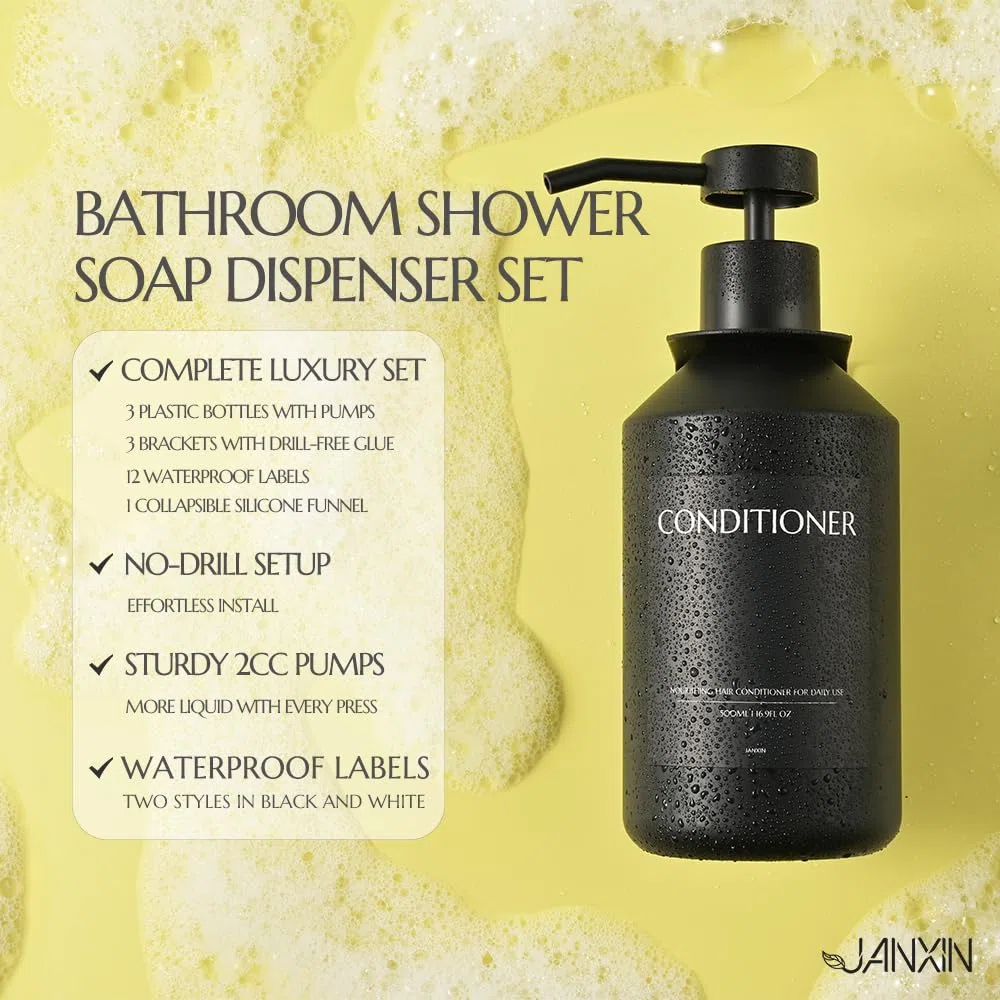 3 Pezzi 500ml Dispenser Sapone Doccia Senza Foratura, 500ml, Dispenser Sapone Bagno a Muro, Dispenser Bagnoschiuma Doccia, Con 12 Etichette Impermeabili (Bottiglia nera + testa nera)