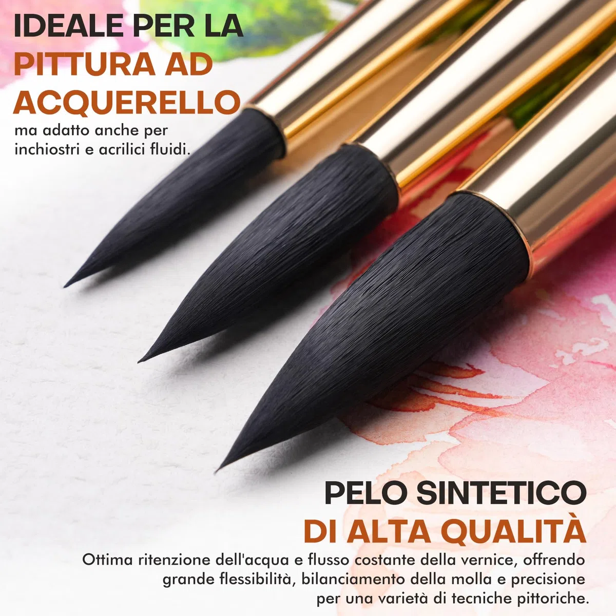 Pennelli Acquerello Professionali - Set di 10 Pennelli Per Dipingere per Acquerello, Inchiostro, Pennello Acquerelli in Setola Sintetica Scoiattolo per Alta Assorbenza | Watercolor Brushes