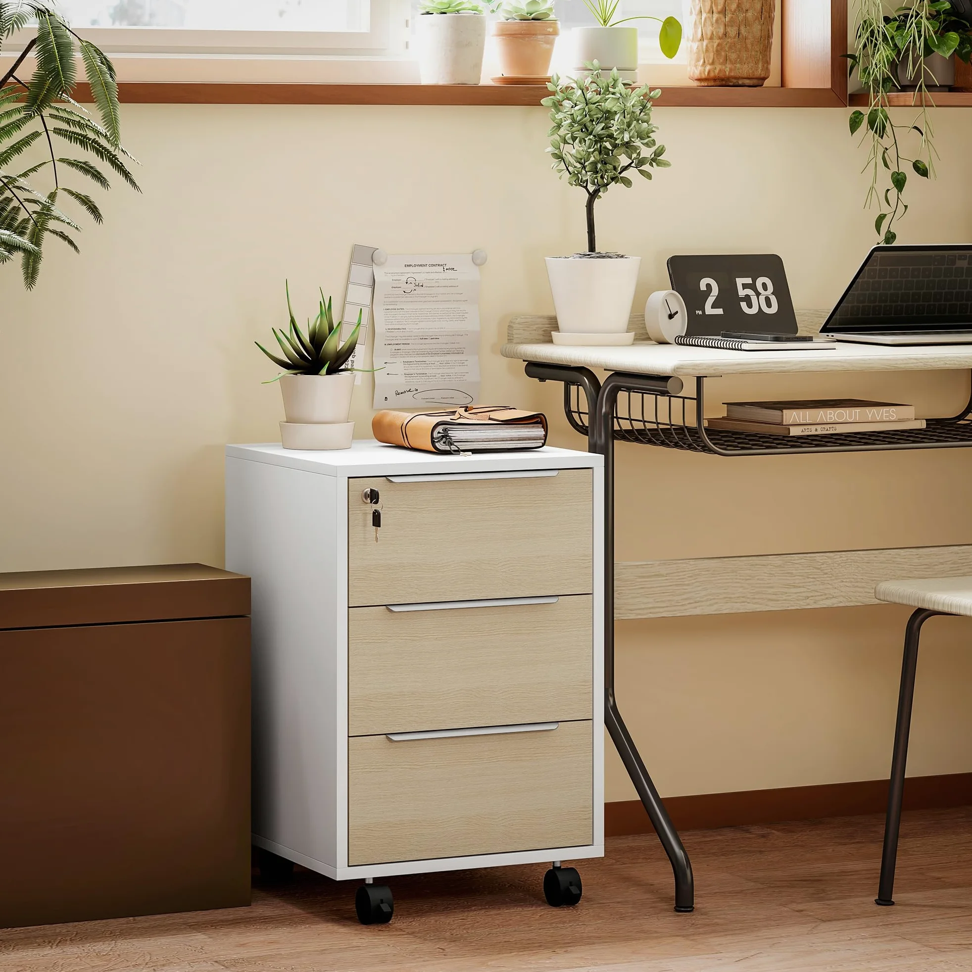 HOMCOM Schedario da Ufficio con 3 Cassetti, 4 Ruote, Cassettiera Ufficio con Serratura e 2 Chiavi per Lettera/Formato A4, Armadietto Verticale per Studio, 40x40x63.5 cm, Bianco e Rovere