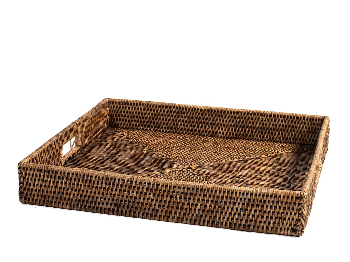 H&H Vassoio Quadrato con Manici Integrati in Rattan Naturale Marrone – 45x7h cm – Elegante e Funzionale, Perfetto per Servire, Decorare e Organizzare
