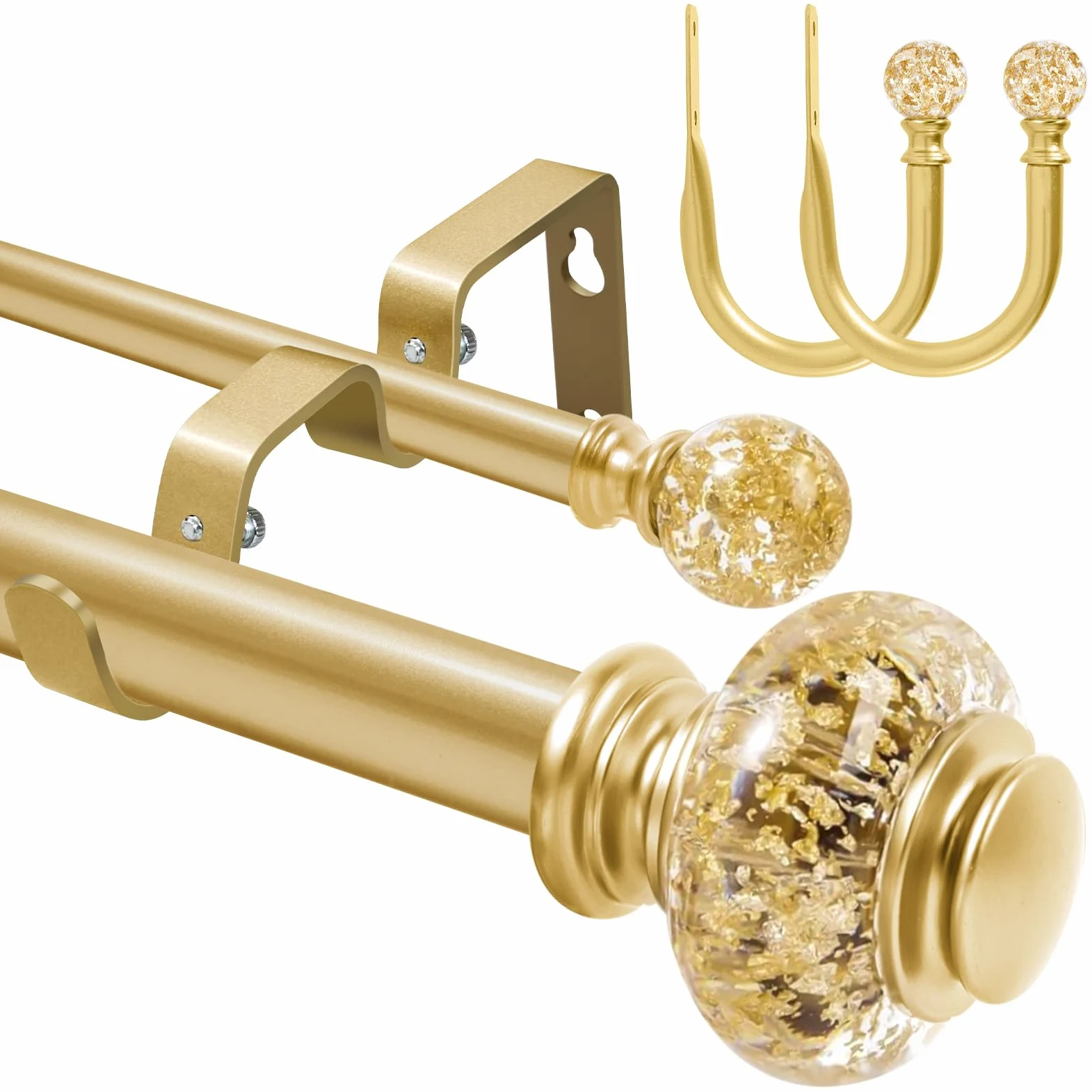 Bastone per tende doppio da 2,5 cm, con fermatende, lunghezza regolabile con terminali traslucidi, asta di sospensione per finestra di casa, soggiorno e camera da letto (oro, 123-212 cm)