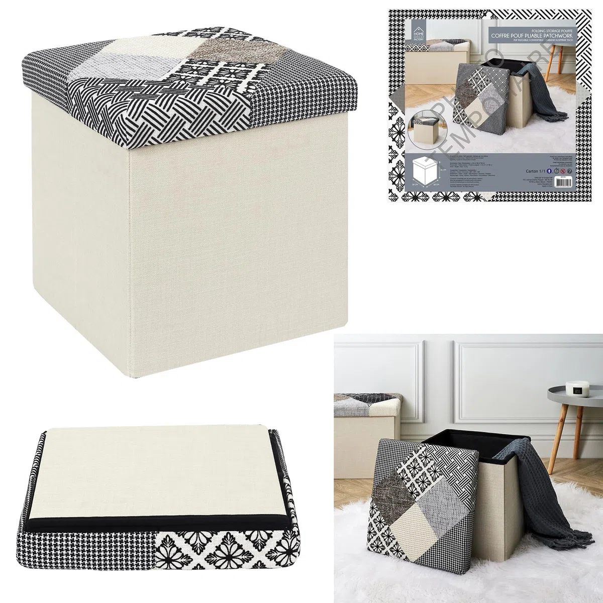 HOME DECO FACTORY HD7491 Pouf Patchwork Mobili Seduta Baule Panca Pieghevole Entree Soggiorno Camera Da Pranzo, Grigio, Bianco, Nero, Beige, 38x38x38 cm