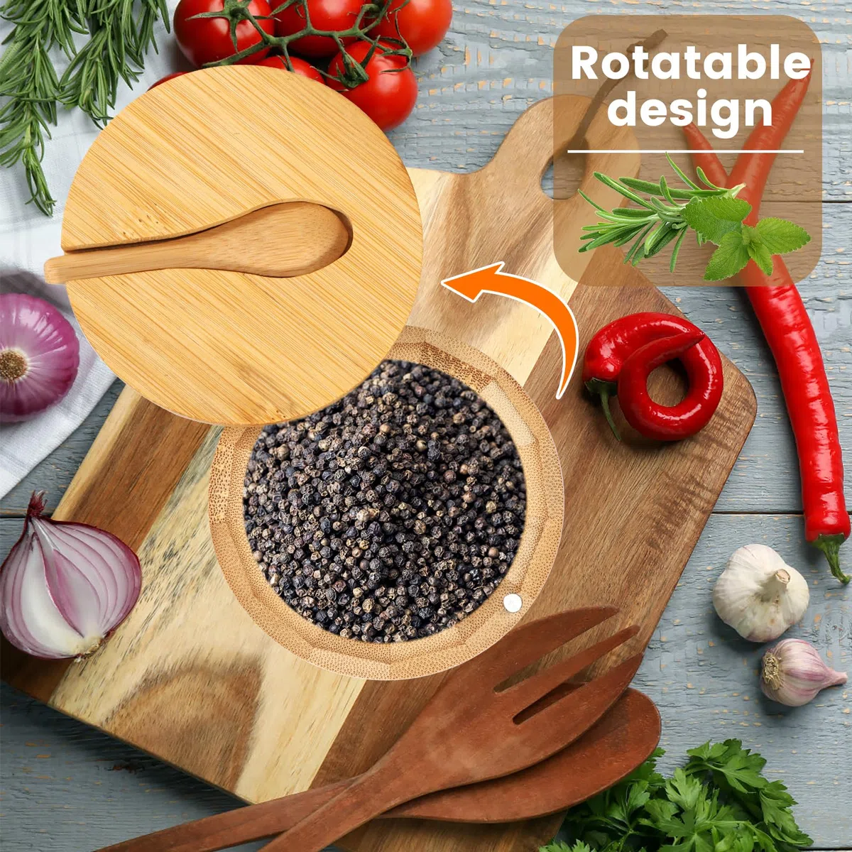 2 ciotole per sale e pepe, in legno, rotonde, con coperchio girevole magnetico e cucchiaio, contenitore per sale e condimenti, per sale, pepe, spezie e zucchero