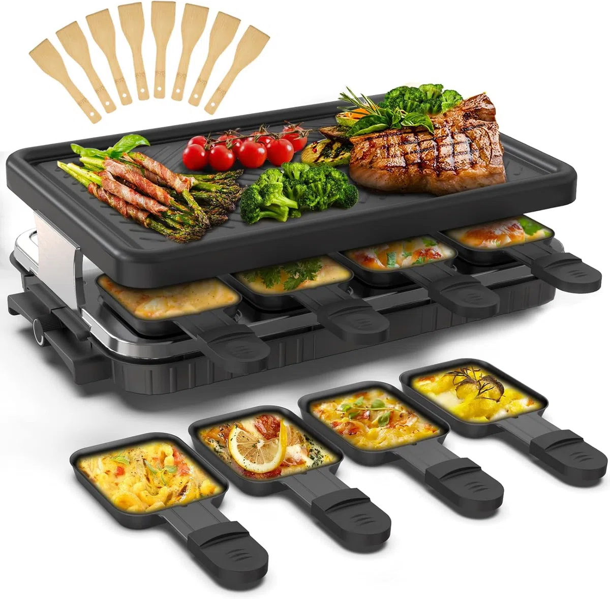 HengBO Griglia per raclette per 8 persone con 8 padellineantiaderenti, piastra grill regolabile senza scatti, elettrica, 1300W, in acciaio inossidabile, nero