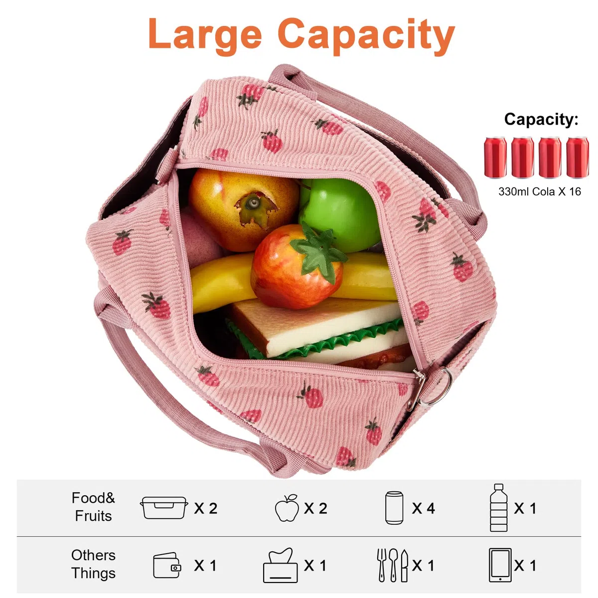 Nanxson Borsa pranzo isolata per donne uomini,12L grande capacità riutilizzabile Lunch Box Carino Corduroy Cooler Tote Borse per lavoro Picnic o viaggi(12L,Rosa Fragola)