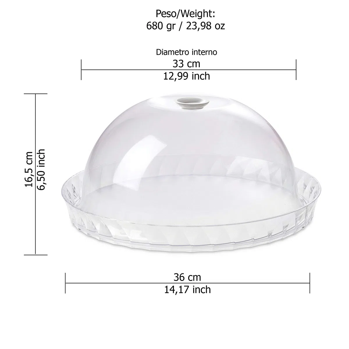 Omada Design Porta dolci da 36 cm, piatto per torta con campana da 16,5cm, in plastica infrangibile, Made in Italy, Linea Diamond, Trasparente