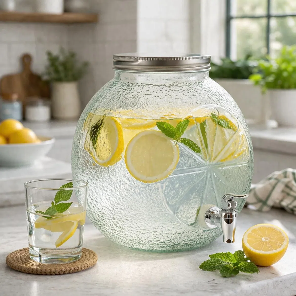 Dispenser Bevande in Vetro 5L con Rubinetto e Tappo Acciaio – Barattolo Porta Bibite 25x25 cm per Acqua, Cocktail, Eventi, Feste, Catering – Design Elegante e Compatto