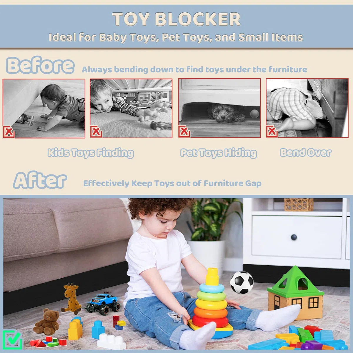 STAY GENT Blocchetti Giocattolo for Under Couch And Under Bed, 11cm Under Couch Blocker for Babies Toys And Pets Toys from Going Sliding, Adjustable Gap Bumper Under Sofa & Under Furniture 3m Long