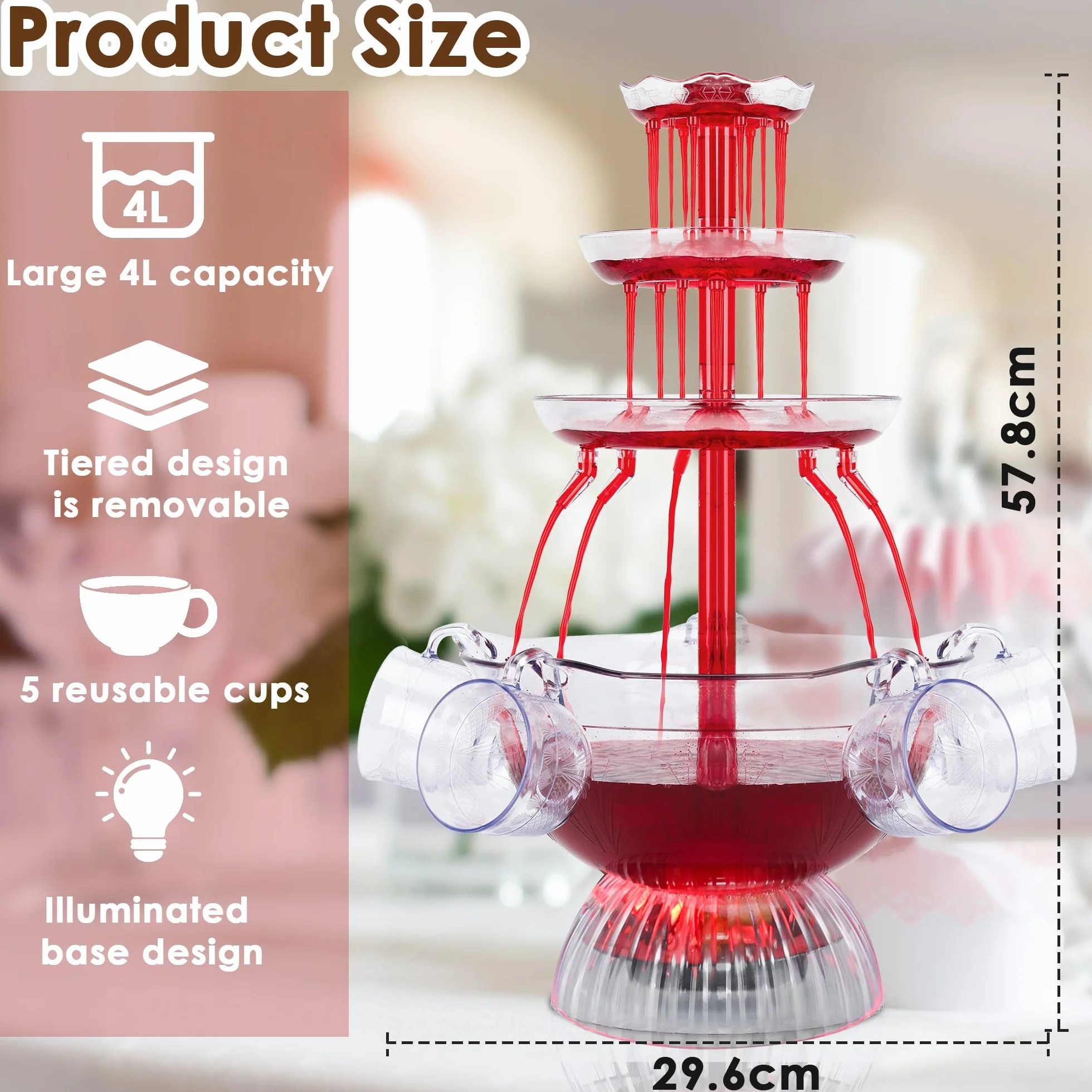 Fontana di Festa, 3 Livelli Illuminanti LED per Pub, Feste a Casa, Compleanni e Matrimoni, Fontana Elettrica con 5 Tazze Riutilizzabili e Vino Rosso