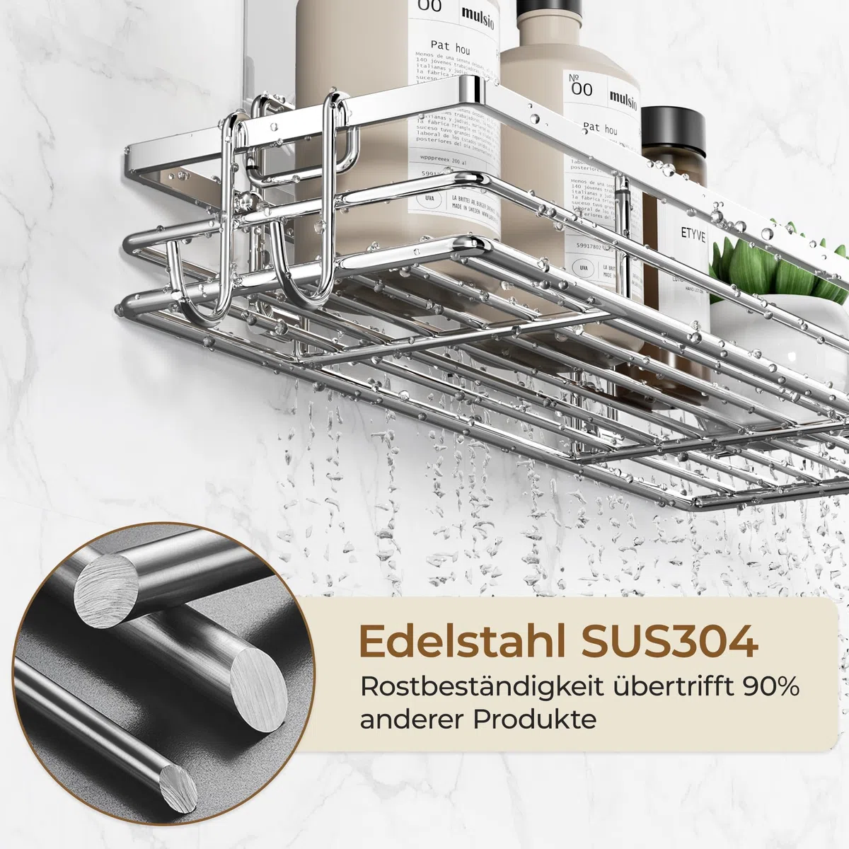 Pickpiff Mensola per doccia senza foratura SUS304 in acciaio inox, 2 pezzi, mensola doccia con 2 ganci, organizer bagno, supporto per shampoo per doccia autoadesivo