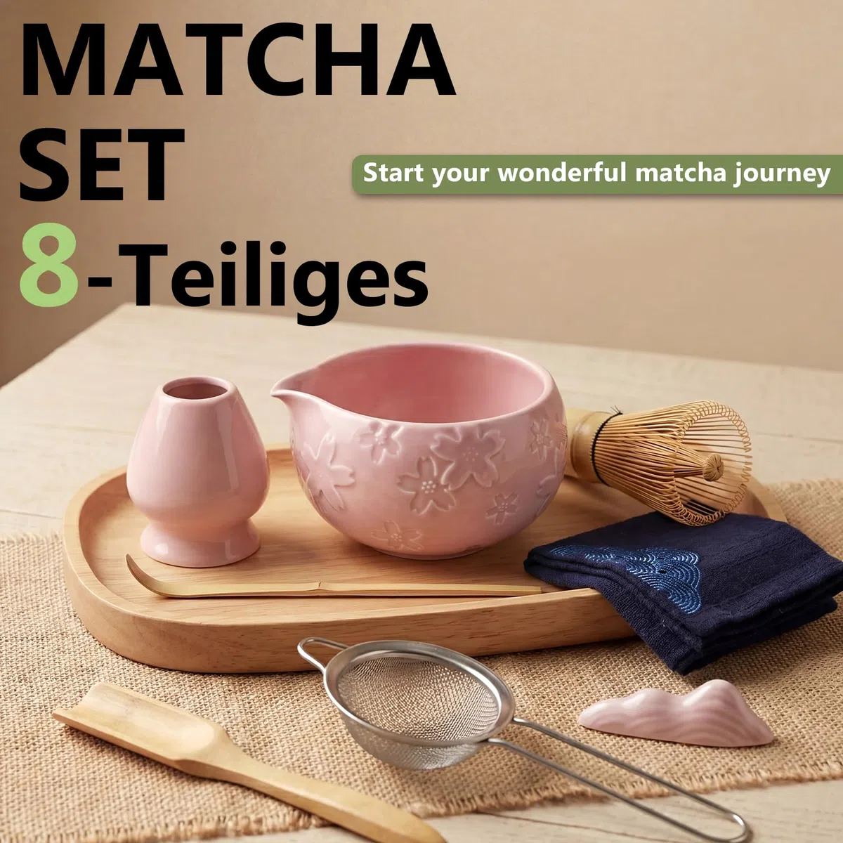 8 pezzi Matcha Kit, Matcha Set tradizionale in ceramica con Frusta Matcha, Ciotola, Cucchiaio, Filtro, Supporto, Kit Matcha completo, Elegante Set per Amanti del Matcha, Rosa