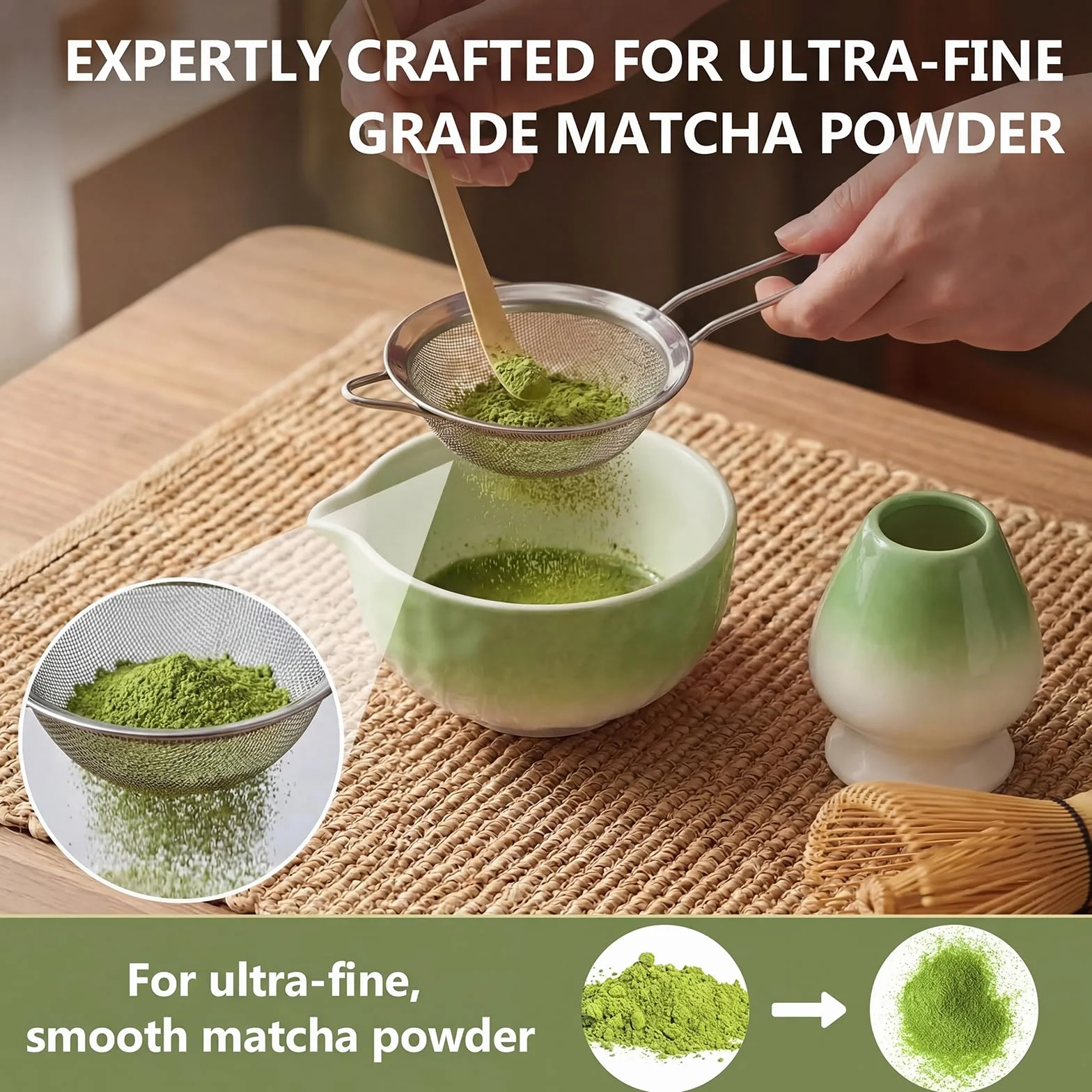 8 pezzi Matcha Kit, Matcha Set in ceramica con Frusta Matcha, Ciotola, Cucchiaio, Filtro, Supporto, Set per Cerimonia del Tè Artigianale, Kit Matcha per Ideale Appassionati di Tè, Verde